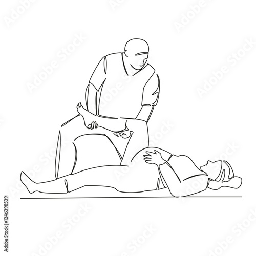 One continuous single drawing line art flat doodle pregnant, relaxation, woman, care, osteopath, medical care, preparation for childbirth. Isolated image hand draw contour on a white background, hand 