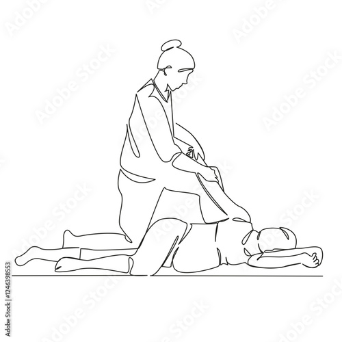 One continuous single drawing line art flat doodle pregnant woman, massage, relaxation, massage therapist, osteopath, preparation for childbirth. Isolated image hand draw contour on a white background