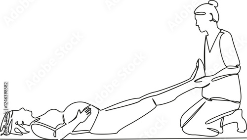 One continuous single drawing line art flat doodle exercises, pregnant women, osteopath, help, medicine, doctor. Isolated image hand draw contour on a white background, hand drawn, not AI