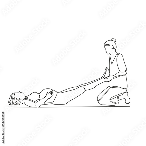 One continuous single drawing line art flat doodle exercises, pregnant women, osteopath, help, medicine, doctor. Isolated image hand draw contour on a white background, hand drawn, not AI
