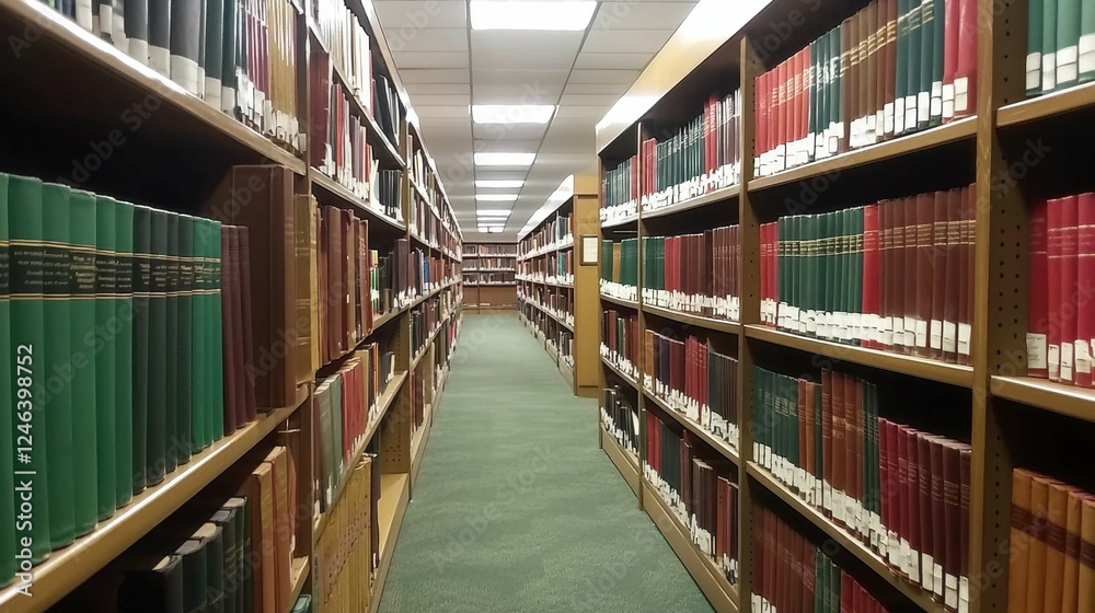Three Aisles of Books in a Library Surrounded by Tall Shelves Three Aisles of Books in a Library Surrounded by Tall Shelves
