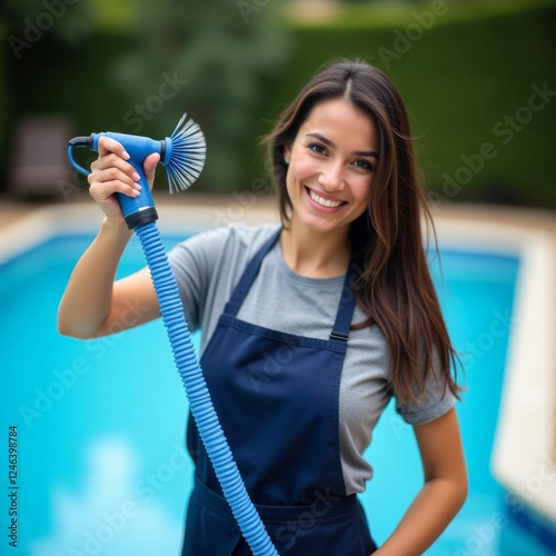 Obraz na płótnie Pool Service Professional. Young female pool maintenance worker in blue apron showing cleaning brush tool near swimming pool on sunny day. w salonie
