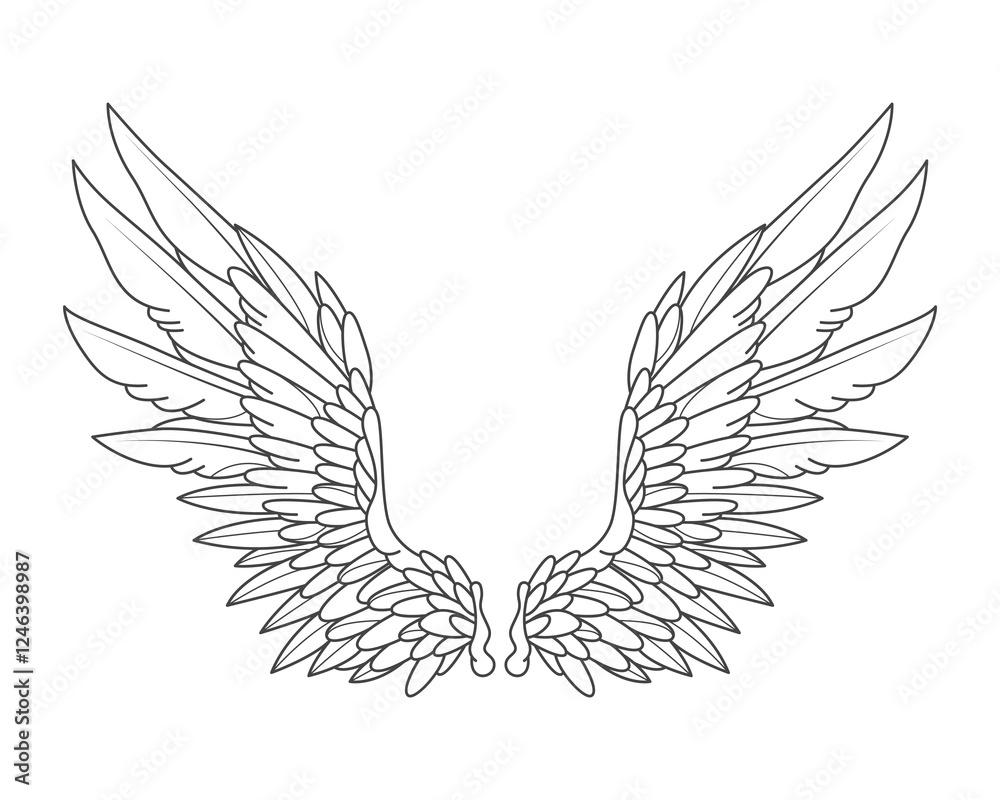 Fototapeta premium Vector angel wings or ornamental bird feather. Vector heraldic or medieval symbol. Element with heavenly or ethereal outline. Contour or shape for celestial or sacred tattoo. Winged phoenix element.
