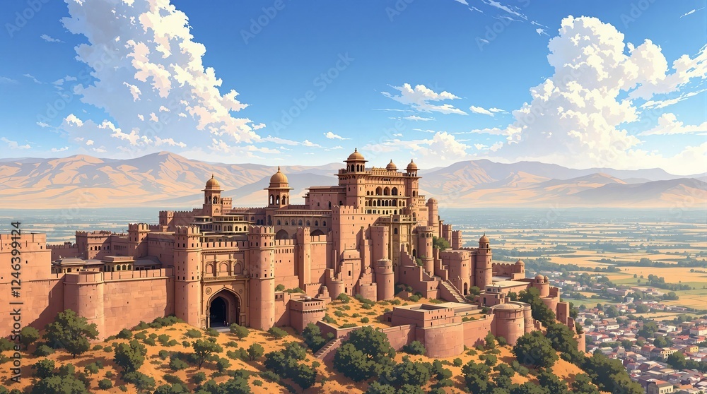 Fototapeta premium Anime style beautiful Indian fort on the hill