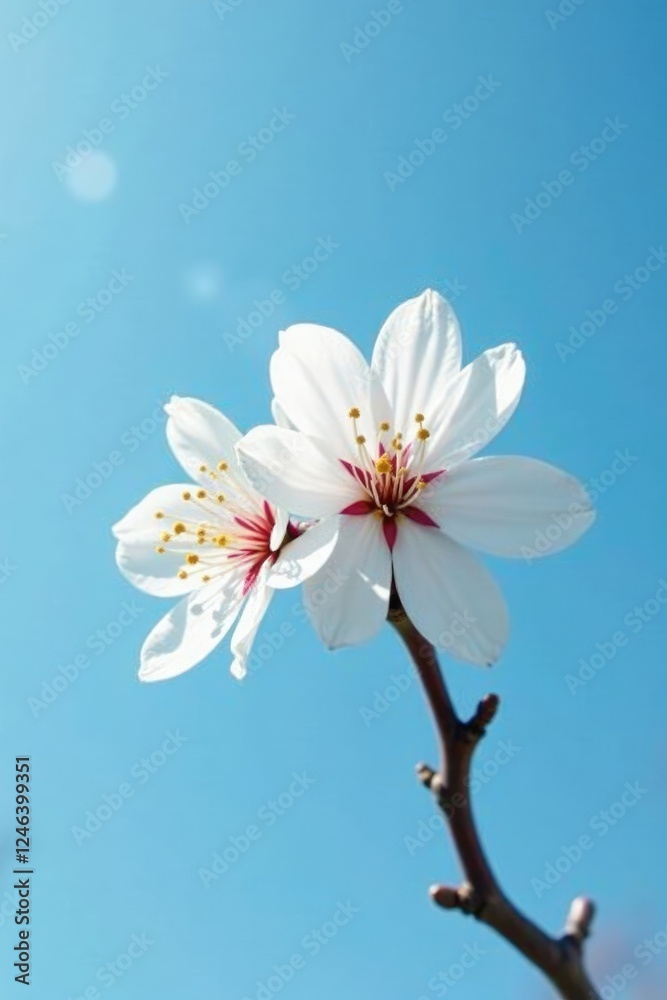 Fototapeta premium single white cherry blossom against a blue sky, flower, white
