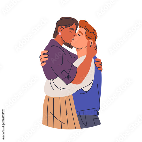 Pair or couple kissing. Vector man and woman kiss. Hugging and bonding, passionate and romantic relationship. People hug and show affection, heartfelt relationship. Lover feeling. Valentines day.