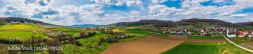 Aerial panoramic view of the Trubach Valley near Wannbach in spring