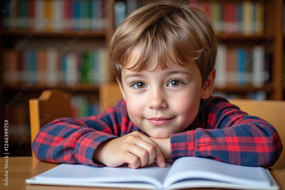 young boy sitting at desk in classroom red blue plaid shirt young boy sitting at desk in classroom red blue plaid shirt