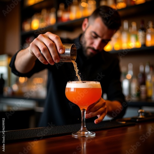 Obraz na płótnie Crafting a Cocktail. A bartender carefully pours a vibrant orange cocktail into a stemmed glass, adding a final touch to the drink in a warm, dimly lit bar. w salonie