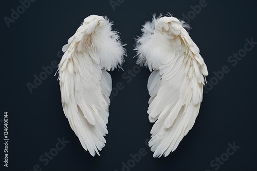 A pair of white angel wings with feathers, top view, on dark background photo