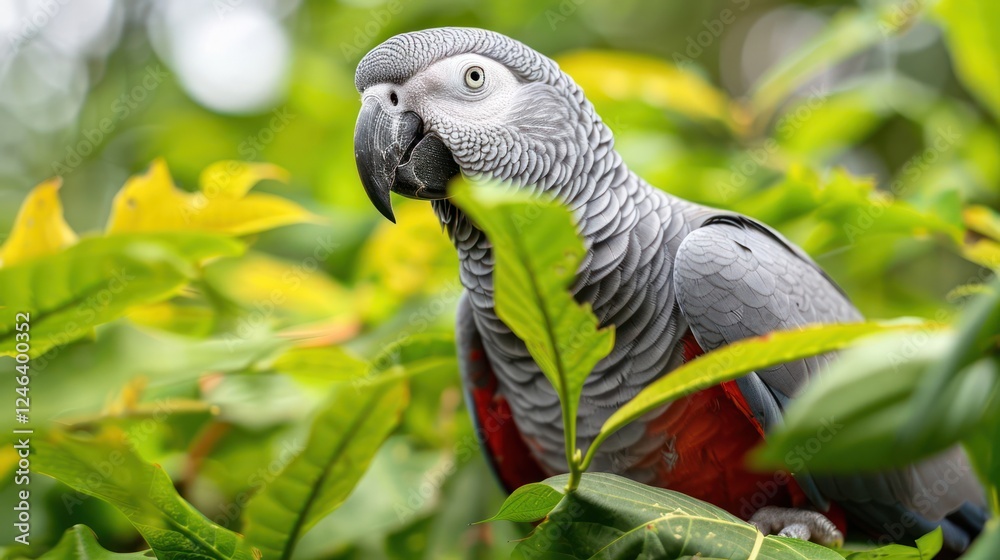 Fototapeta premium A vibrant gray parrot perched amidst lush green foliage, showcasing its colorful plumage in nature