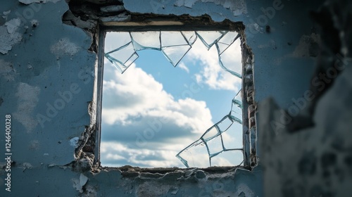 A broken window with shattered glass and worn-out frame. View through a broken window in a melancholic atmosphere.