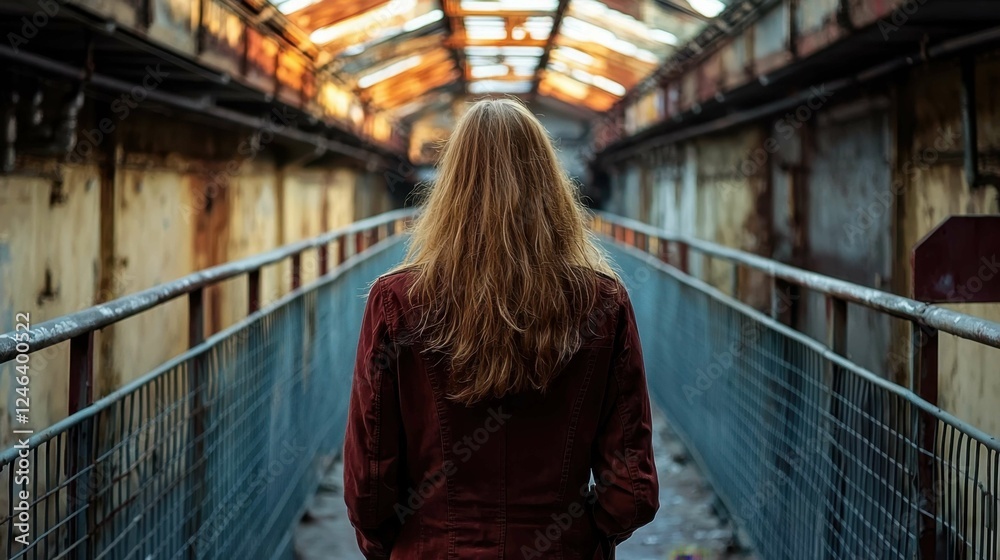 Woman with Long Hair Stands Alone in Abandoned Building Corridor Woman with Long Hair Stands Alone in Abandoned Building Corridor