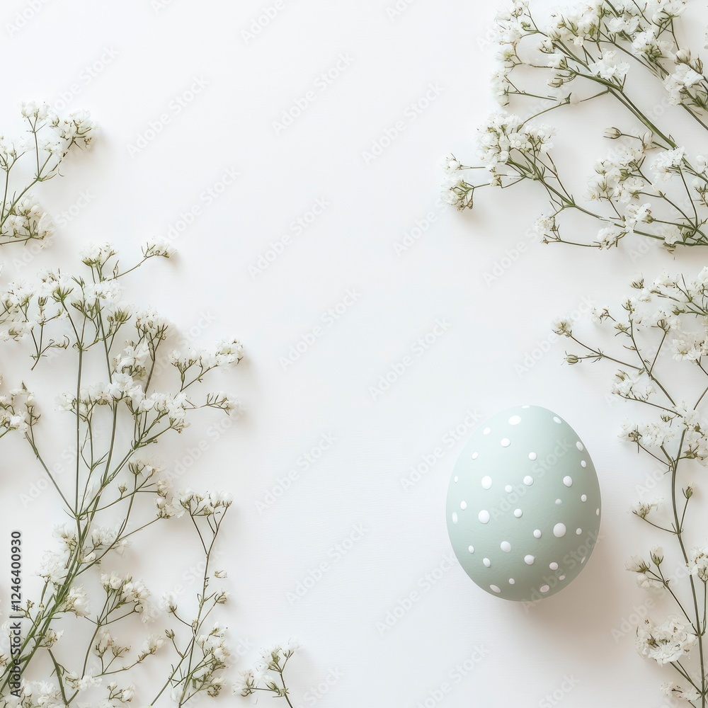 Fototapeta premium Minimalist Green Easter Egg on Simple Background with Delicate Flowers and Border Elements