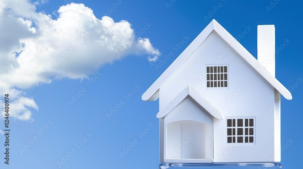Charming white house with blue sky background, a perfect blend of comfort and style Charming white house with blue sky background, a perfect blend of comfort and style