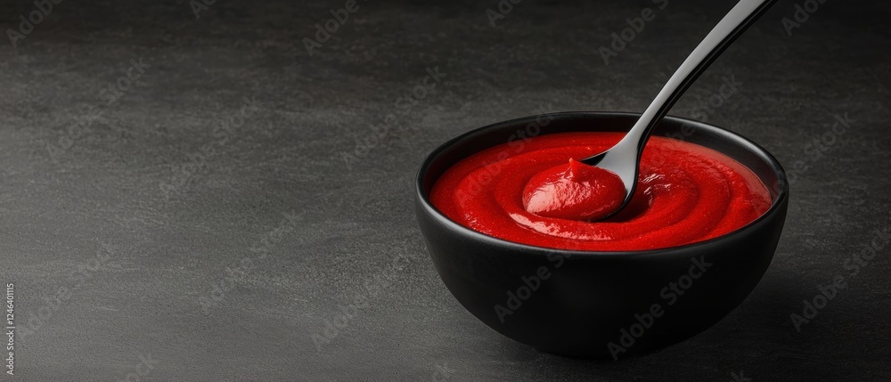 A black bowl filled with red ketchup, with a spoon resting inside. A black bowl filled with red ketchup, with a spoon resting inside.