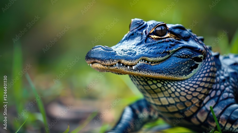 Fototapeta premium Close-up of a vibrant alligator resting on grass in a lush environment, showcasing intricate textures