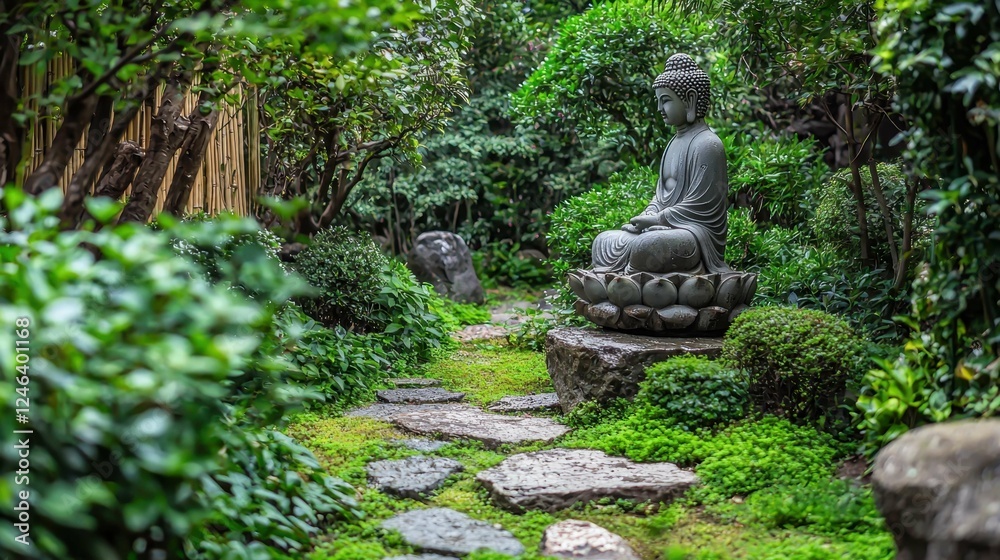 Serene Buddha Statue Surrounded by Lush Green Garden Pathway Serene Buddha Statue Surrounded by Lush Green Garden Pathway