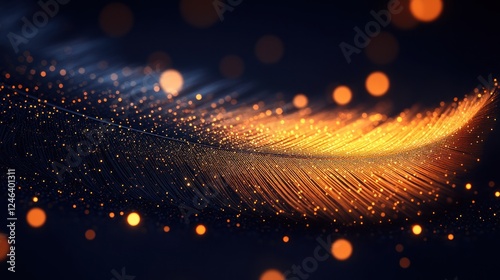 Golden feather, dark background, glowing particles, abstract design photo