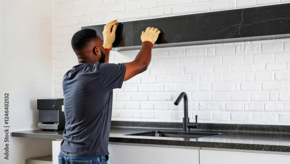 Kitchen cabinet installation. Professional handyman wearing protective gloves working on upper kitchen cabinet mounting in modern white interior.