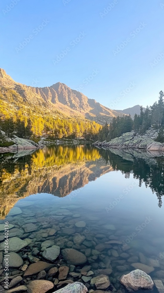 Tranquil mountain lake reflection surrounded by pines at sunset Tranquil mountain lake reflection surrounded by pines at sunset