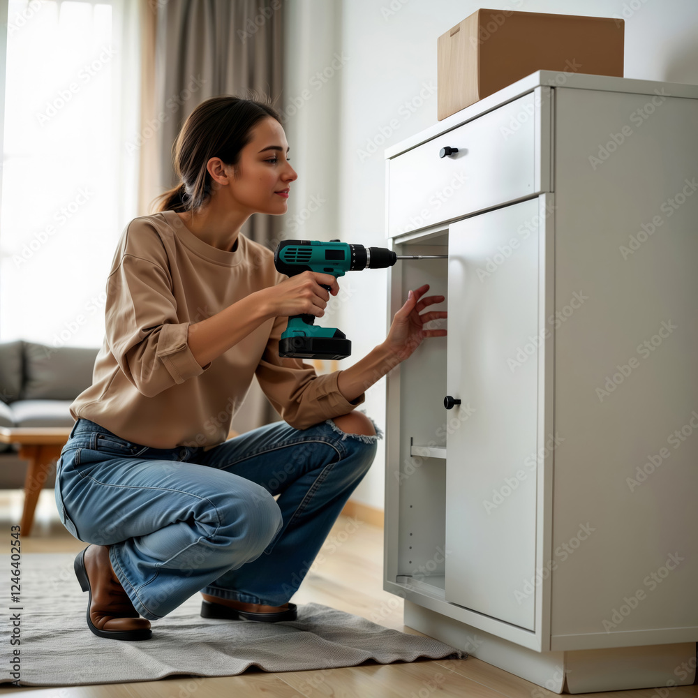 Furniture assembly. Young woman using cordless drill while assembling white cabinet, sitting on floor in casual home environment.