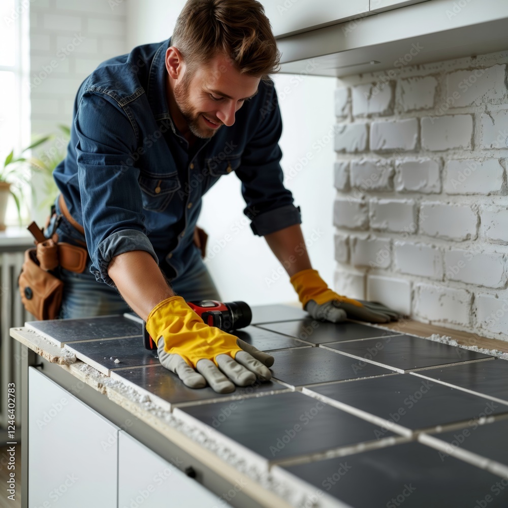 Tile installation service. Professional contractor in denim jacket and tool belt installing dark tiles on kitchen countertop surface.