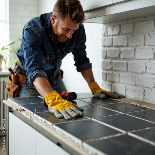 Obraz na płótnie Tile installation service. Professional contractor in denim jacket and tool belt installing dark tiles on kitchen countertop surface. w salonie