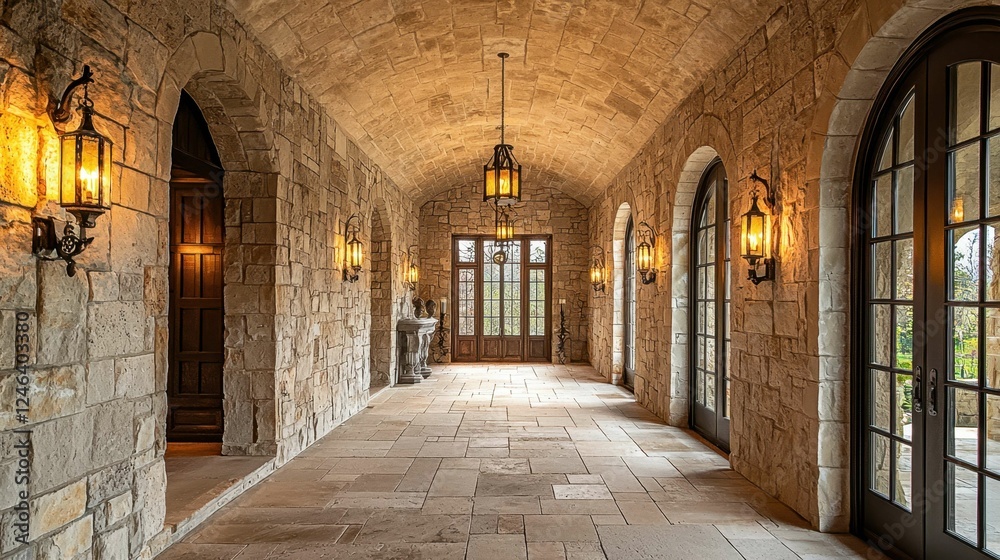 Elegant Stone Corridor with Arched Windows and Warm Lighting Elegant Stone Corridor with Arched Windows and Warm Lighting