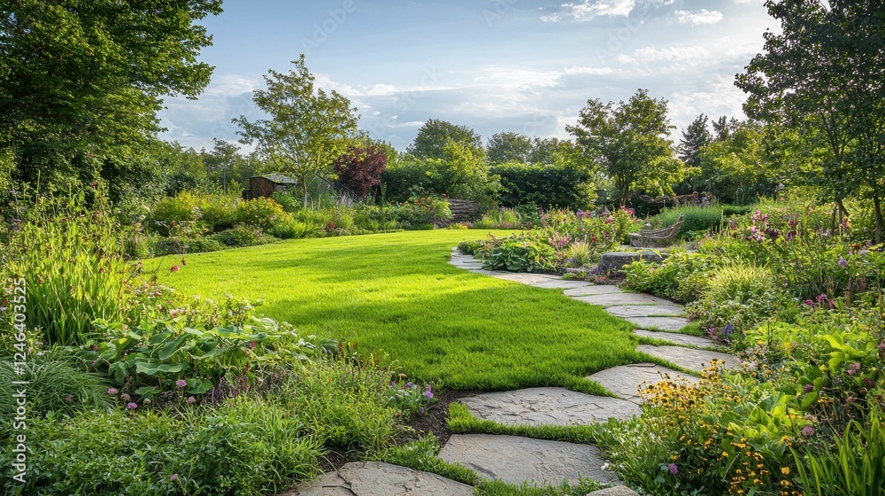 Serene Garden Pathway Curving Through Vibrant Green Landscape Serene Garden Pathway Curving Through Vibrant Green Landscape