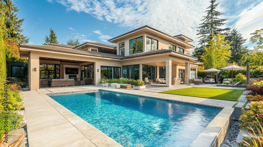 Fototapeta premium Modern Luxury Home with Pool and Lush Landscape on a Sunny Day