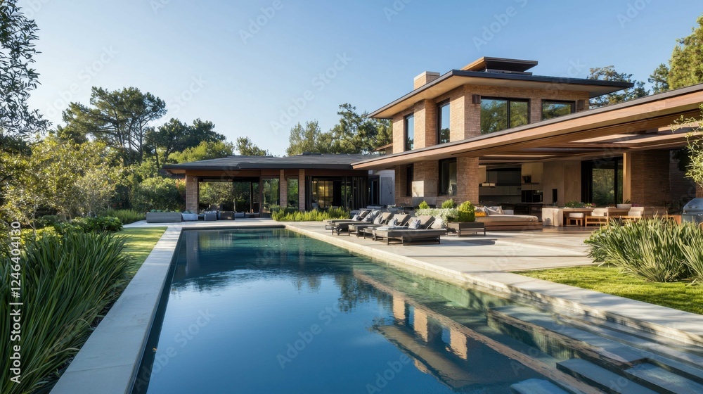Fototapeta premium Modern Luxury Home with Pool and Scenic Garden in Bright Sunlight