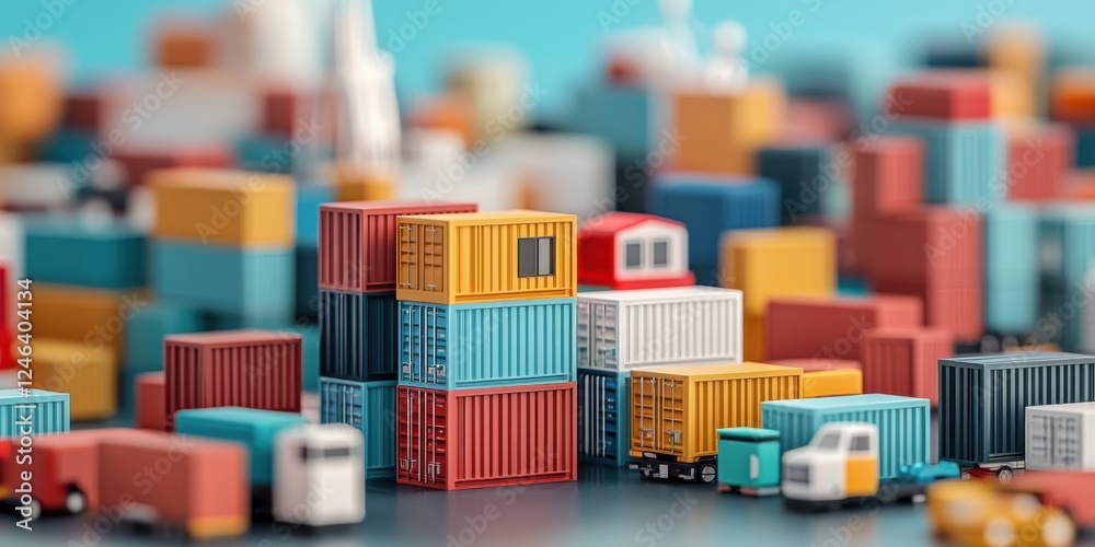 Obraz premium A vibrant, close-up view of miniature shipping containers in various colors, depicting a bustling port scene with trucks and cargo.