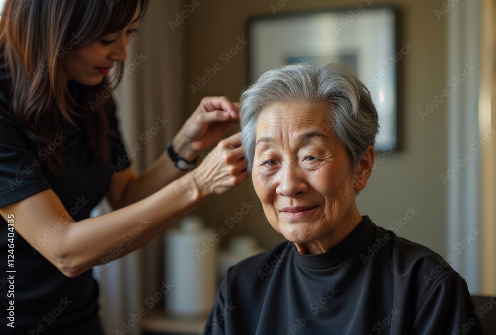 Professional hair styling. Senior Asian woman getting her gray hair styled by hairstylist in black attire, warm indoor setting with gentle smile.