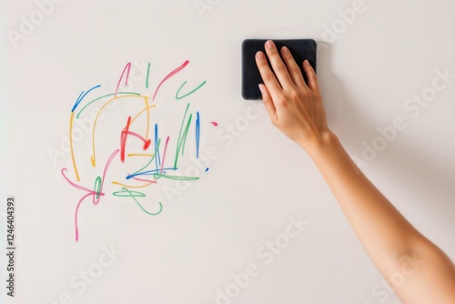 Obraz na płótnie Creative whiteboard doodle. Hand erasing colorful marker doodle drawing from white surface using black eraser, showing creative process. w salonie