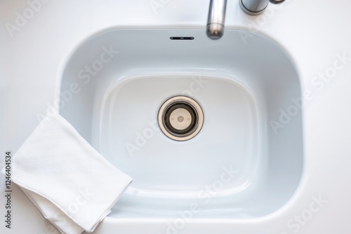 Clean kitchen sink. Modern white ceramic kitchen sink with chrome drain and folded cloth showing minimalist style and cleanliness.