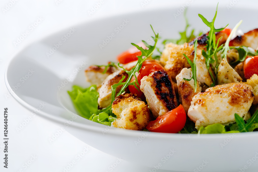 chicken salad with lettuce, tomatoes, and Parmesan croutons in a white bowl on an isolated background chicken salad with lettuce, tomatoes, and Parmesan croutons in a white bowl on an isolated background