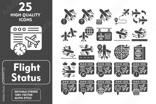 Flight Status Glyph Icon Set. Incleded Icons Important Notice, Unknown, Schedule, Route, Transfer, Planes, International, Flight Information. Vector Icons Collection