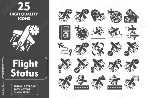Flight Status Glyph Icon Set. Incleded Icons Delayed, Cancelled, Searching, On Time, Tracker, Arrival, Important Notice, Departure, Schedule, Unknown. Vector Icons Collection