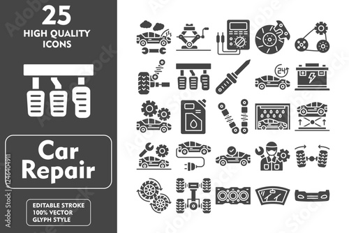 Car Repair Glyph Icon Set. Incleded Icons Broken Car, Lubricant, Mechanic, Wheel Alignment, Wheel, Chassis, Gasket, Wiper. Vector Icons Collection