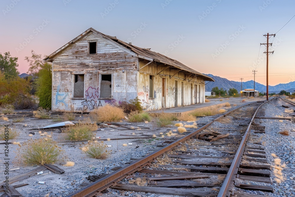 A weathered, abandoned building stands beside overgrown railway tracks, surrounded by desolate terrain and mountains in the background, capturing a sense of decay and neglect. A weathered, abandoned building stands beside overgrown railway tracks, surrounded by desolate terrain and mountains in the background, capturing a sense of decay and neglect.
