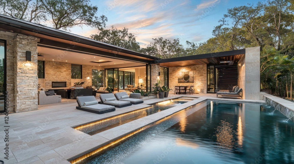 Fototapeta premium Modern Luxury Home with Pool and Outdoor Living Spaces at Dusk