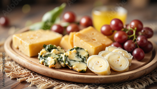 Artfully arranged cheeses and grapes on wooden board, culinary delight