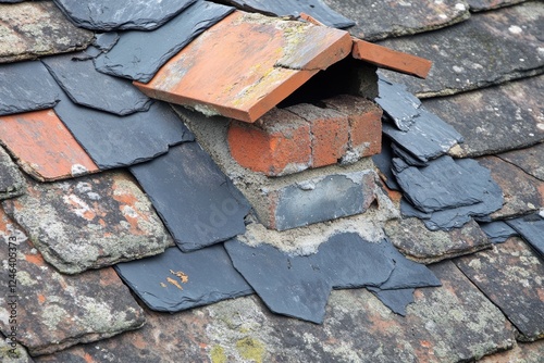 Roofer repairing chimney flashing to ensure weatherproof integrity during autumn season photo