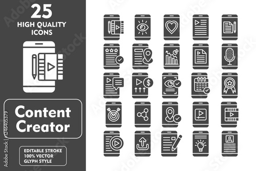 Content Creator Glyph Icon Set. Incleded Icons Video Editing, Monetize, Video Player, Video, Play Button, Upload, Editor, Idea, Profile, Viewer, Like, Smartphone. Vector Icons Collection