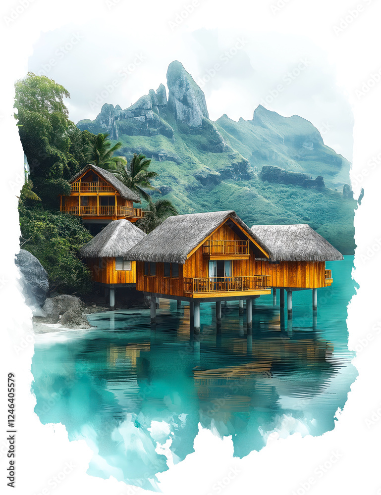 Naklejka premium Overwater bungalows with lush mountains in the background. Tropical stilted huts over turquoise water, surrounded by greenery and dramatic peaks