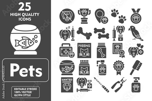 Pets Glyph Icon Set. Incleded Icons No Pets, Trophy, Location, Pawprint, Medal, Anesthesia, Dog Biscuit, Treats, Medicine, Bird, First Aid Kit. Vector Icons Collection
