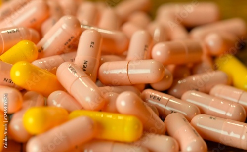 A stack of pills. Macro shot of a pile of pills, medication. Medicines in capsules. Concept of health and misuse of medicine