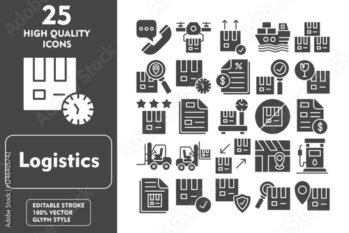 Logistics Glyph Icon Set. Incleded Icons Phone Call, Document, Geolocation, Fuel, Delivery Note, Delivery Box, Safety, Inspection. Vector Icons Collection