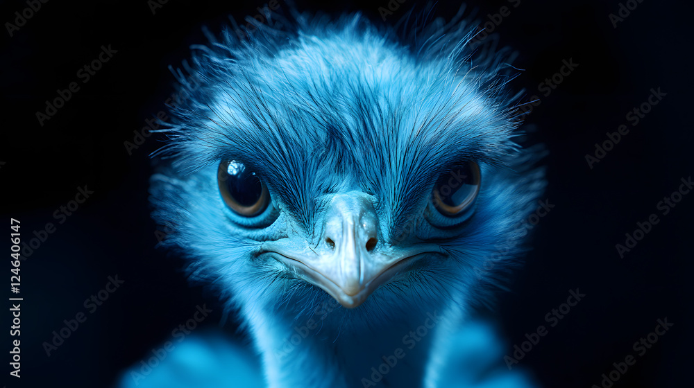 Close-up portrait of a cute baby blue ostrich with big eyes, isolated on a black background Close-up portrait of a cute baby blue ostrich with big eyes, isolated on a black background